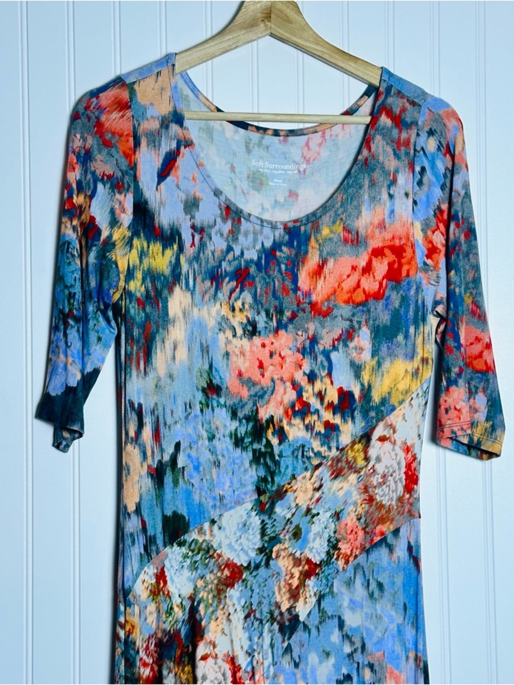 Soft Surroundings Multicolor Floral Scoop Neck Maxi Dress Jersey Knit 3/4sleeves - Picture 6 of 15